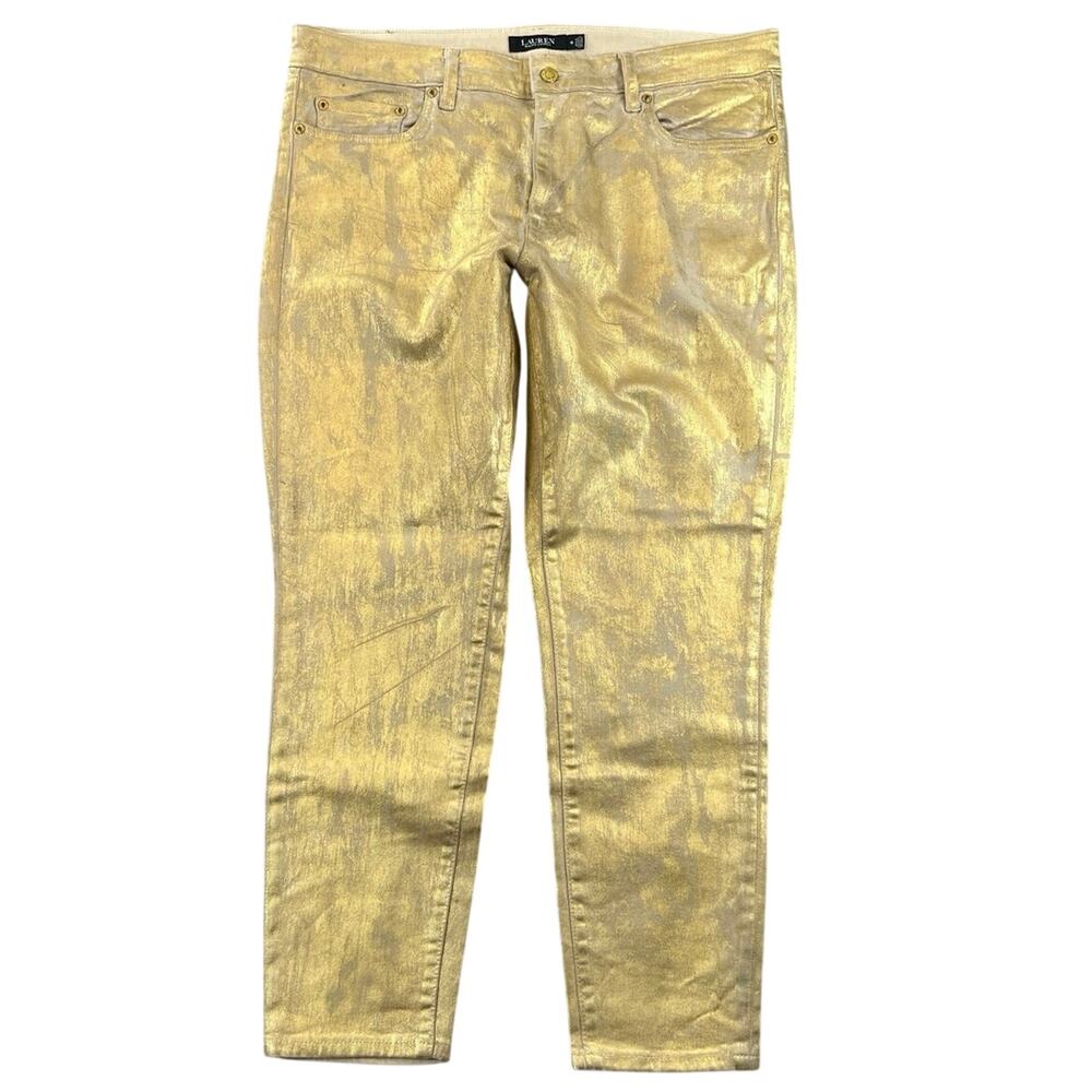 Lauren Ralph Lauren Gold Metallic Coated Skinny Jeans Ankle Women’s Size 16